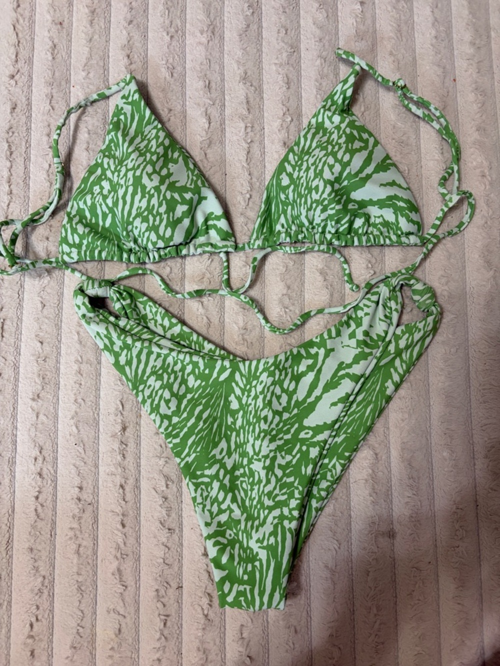 Green Print Triangle Bikini Top and High-Cut Bottoms